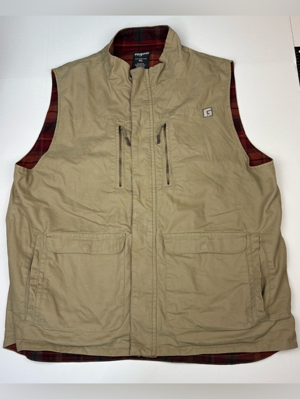 Rogers Men 4XL Vest Tan Plaid Lining Heavyweight Sleeveless Cotton Outdoor